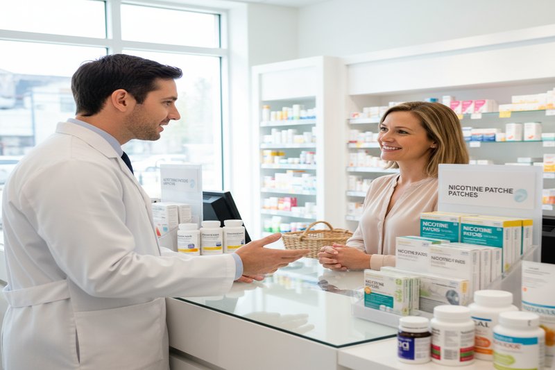 Pharmacien conseillant un patient sur les substituts nicotiniques