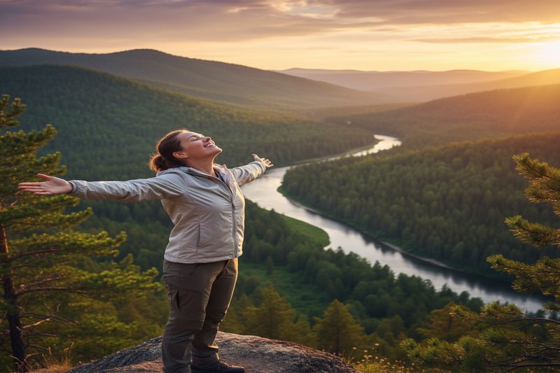Personne respirant profondément dans un paysage naturel, air pur et liberté