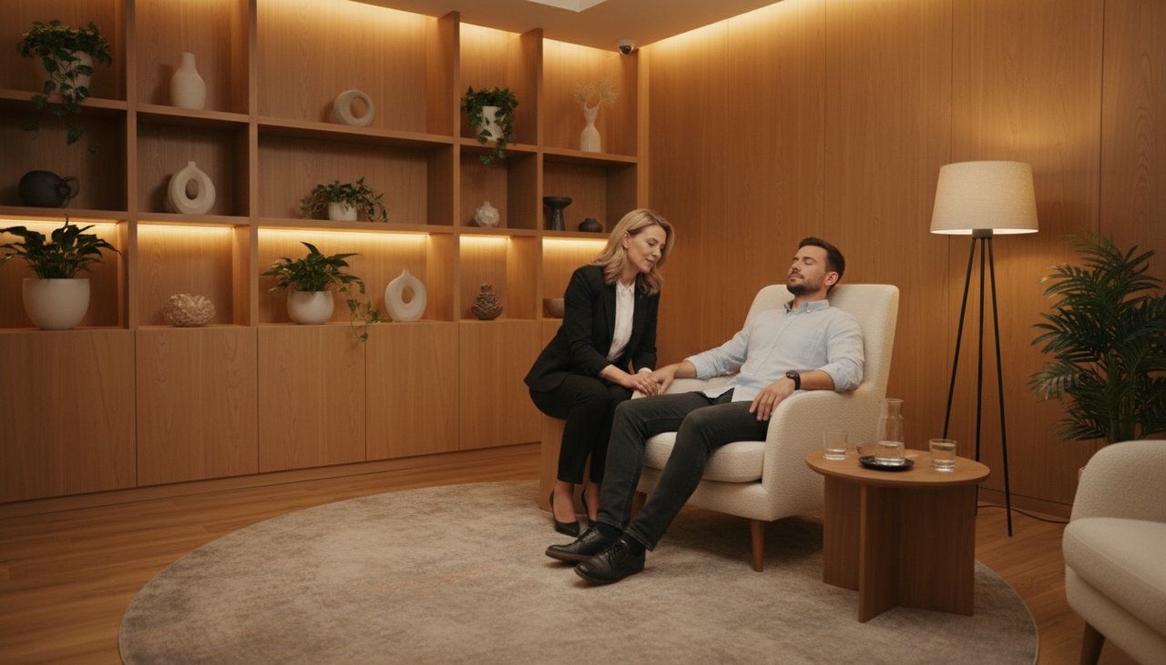 Therapeute professionnel discutant avec son patient dans un cabinet d hypnose lumineux