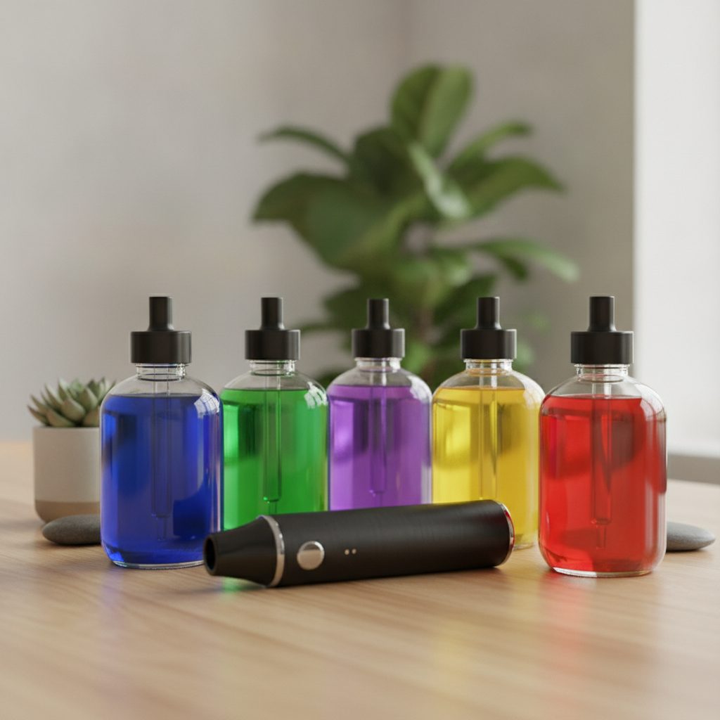 liquides e-cigarette colorés et dispositif vape sur table choix taux nicotine