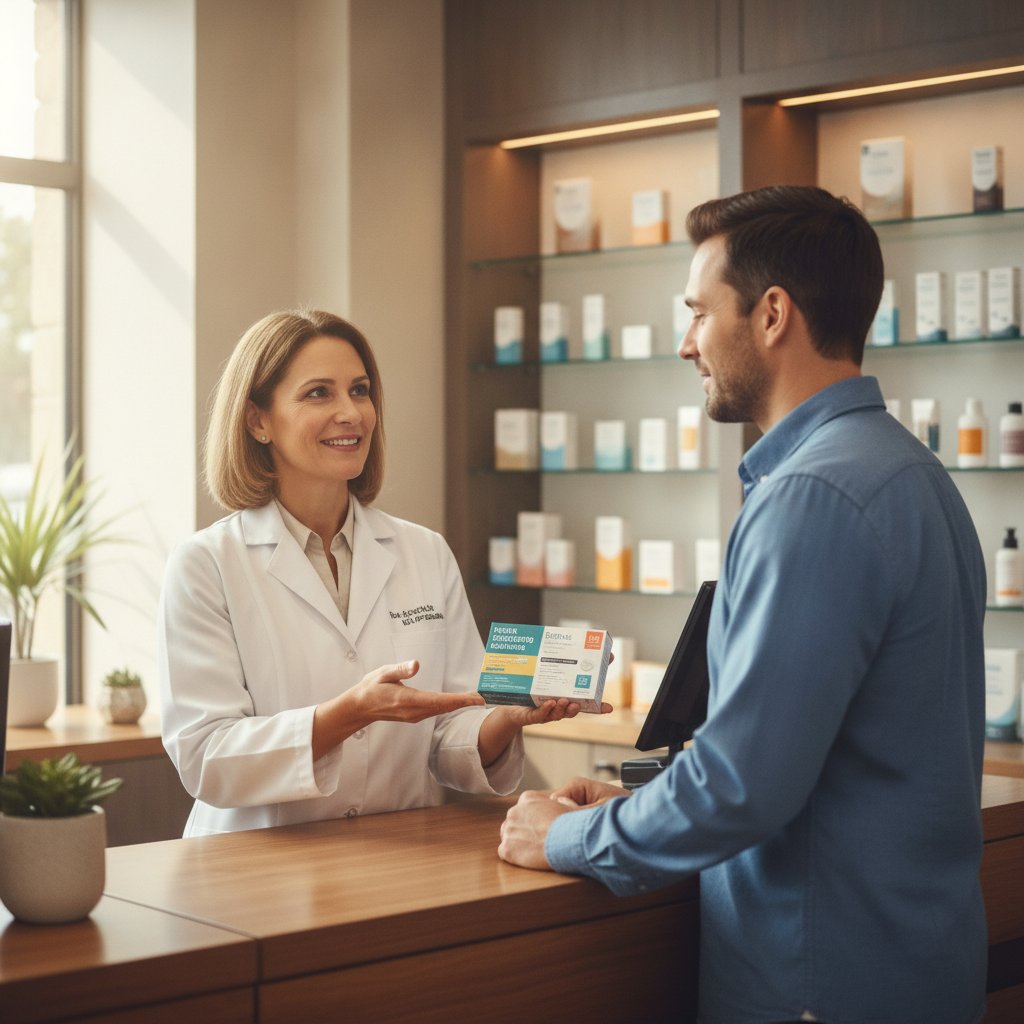 Pharmacien conseillant un patient sur le sevrage tabagique et le patch nicotine