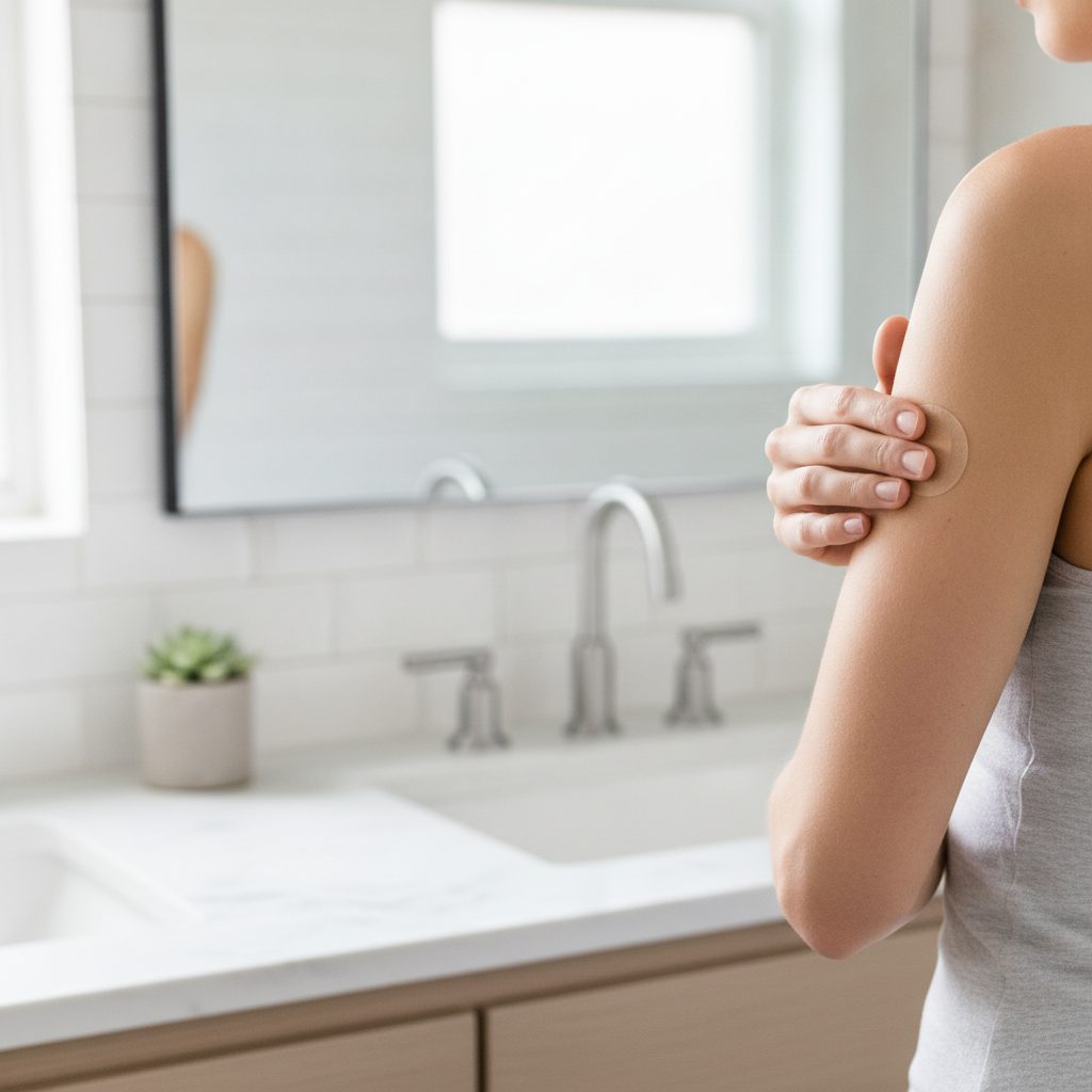 Application d'un patch nicotine sur le bras pour limiter les effets secondaires cutanés