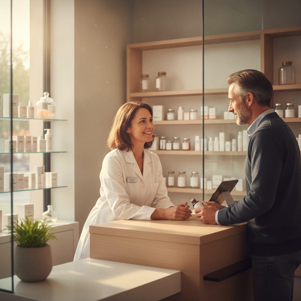 Pharmacien conseillant un patient sur les effets secondaires du patch nicotine