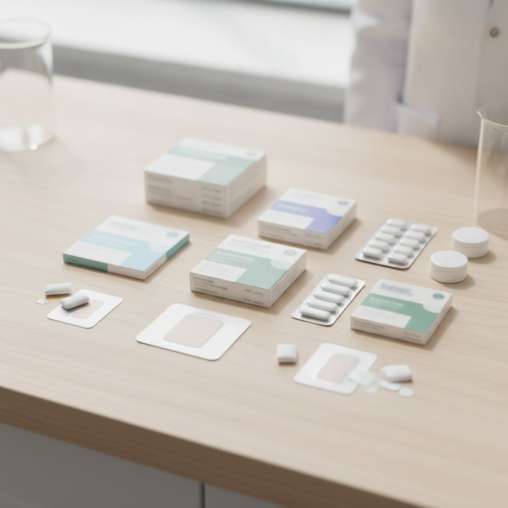 differents substituts nicotiniques patch gomme et pastille sur une table