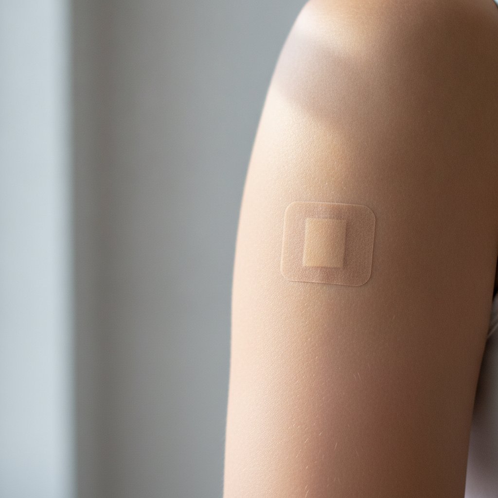Patch transdermique beige de nicotine posé sur le bras d'une personne