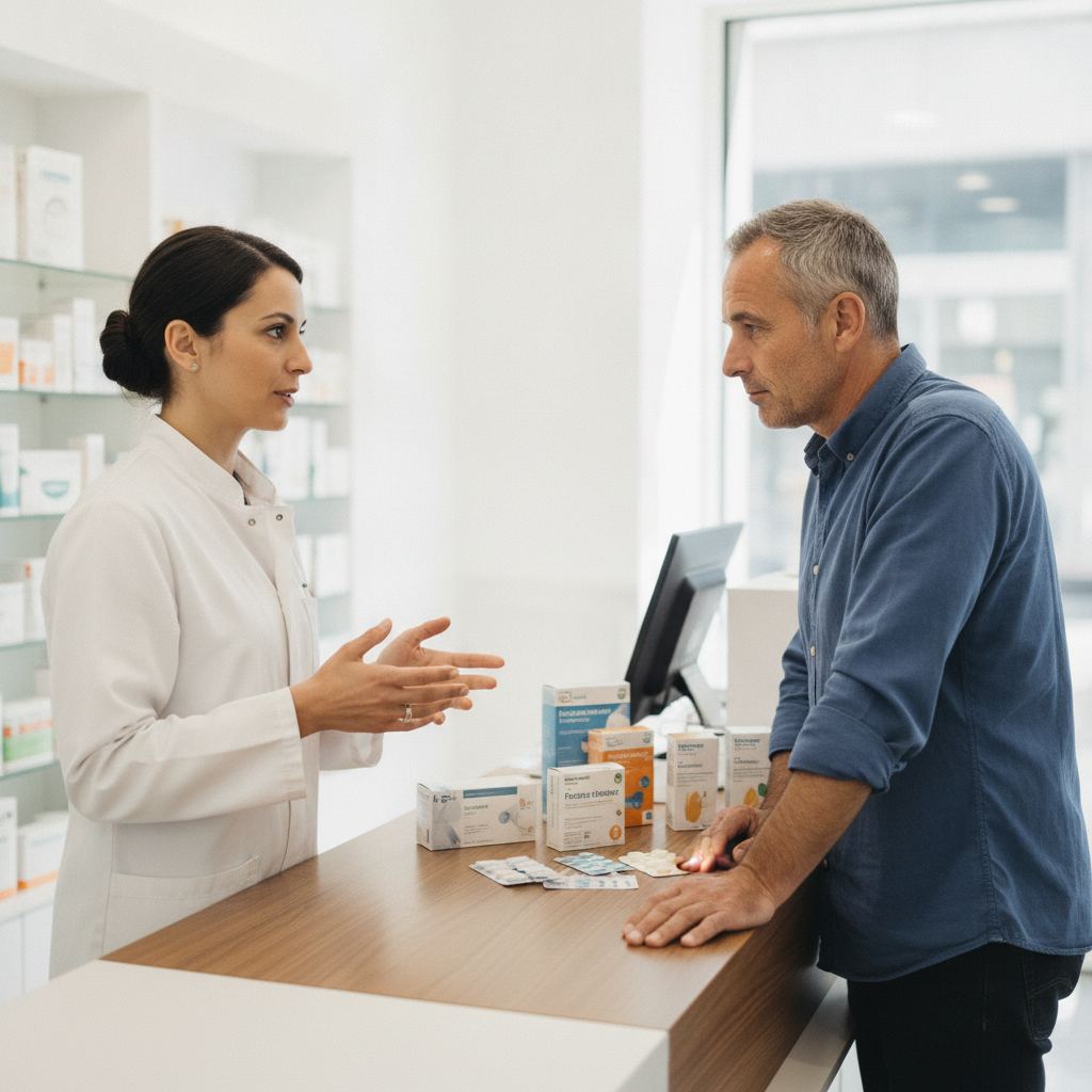 Pharmacien expliquant le choix des substituts nicotiniques selon le score de dependance